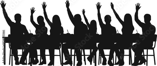 Vector Silhouette of a Group of Diverse People Sitting at a Table with Hands Raised, Illustrating Voting, Agreement, Asking Questions, or Active Participation