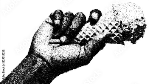 Hand holding an ice cream cone in vintage engraving style. Black outline drawing in vector illustration.