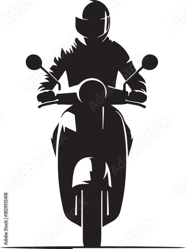 A stark silhouette captures a person wearing a helmet as they navigate a motor scooter, emphasizing their form against the blank background.