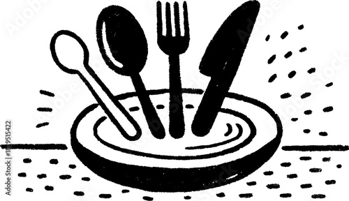 Cutlery set featuring spoon, fork, and knife on a plate. Simple black and white vector illustration ideal for kitchen design.
