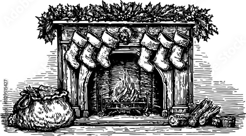 Vintage fireplace with decorative stockings. Black and white vector illustration highlights a cozy winter set with holly and firewood.