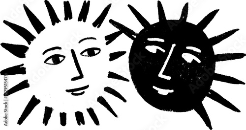 Sun faces in a simple vector illustration. This graphic design features playful elements, showcasing contrasting black and white styles in a set.