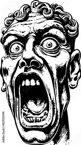 Scream face vector illustration in vintage gothic style. Bold black and white graphic art depicting a terrifying expression and unsettling emotions.