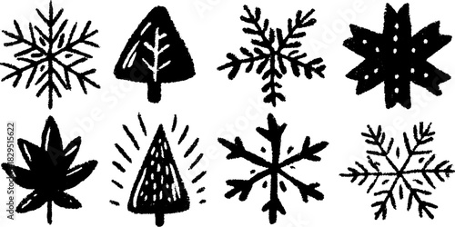Stylish snowflake and leaf icons. Simple vector illustration showcasing black silhouettes in an elegant set of natural elements.
