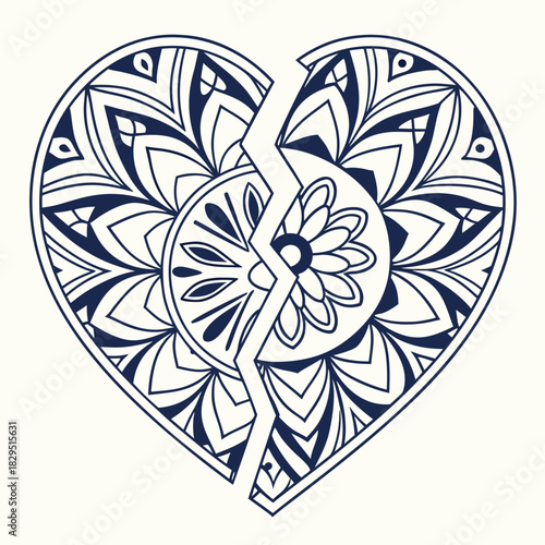 Heart Mandala of Shattered Love: A hand-drawn illustration captures the poignant emotion of heartbreak. A stylized mandala heart is split in two. evoking a sense of sorrow and inner turmoil