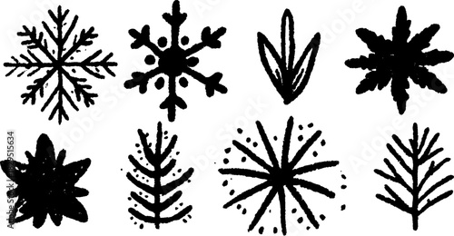 Snowflake vector illustration with black and white design elements. Simple graphic set showing various snowflake shapes for winter decor.