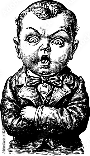 Antique engraving of a boy character with a surprised expression. Hand-drawn black outline vector illustration in vintage style.