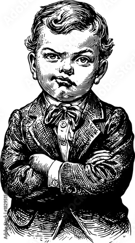Boy illustration in vintage engraving style. This set features a formal character with a smirk in vector format, suitable for various design contexts.
