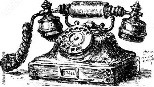Vintage telephone illustration in black and white outline style. A detailed engraving set showcasing classic technology in vector format.