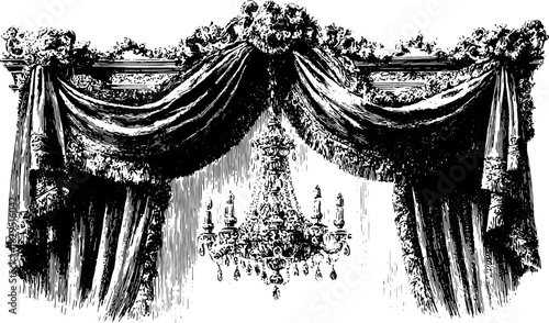 Chandelier and curtain with ornate decor in vintage style. Elegant black and white vector illustration with barocco drape detail.