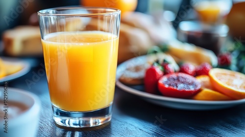 Fototapeta Naklejka Na Ścianę i Meble -  Fresh orange juice breakfast with fruits and bread healthy morning start for a good day vitamin c boost