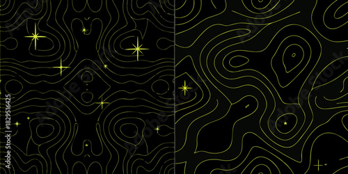 Abstract topographic map with stars on black background seamless pattern