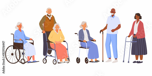 Diverse group of senior citizens with mobility aids illustration