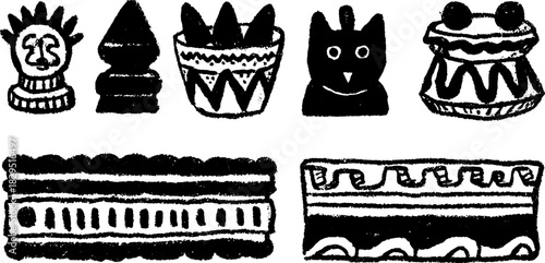 Silhouette drawing featuring hand-drawn cartoon elements. Black outline vector illustration in a set with simple shapes and decorative patterns.