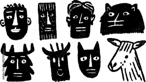Silhouette illustrations featuring hand-drawn characters in black. The set includes animal and human outlines in a monochrome vector illustration style.