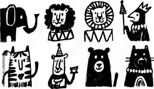 Animal silhouettes in black. Hand-drawn cartoon illustrations in a vector set. Includes elephant, lion, bear, and tiger.