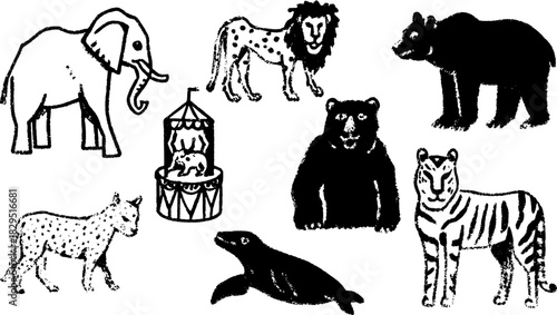 Animal silhouettes including elephant, lion, and tiger. Hand-drawn black outline vector illustration set of wildlife characters.