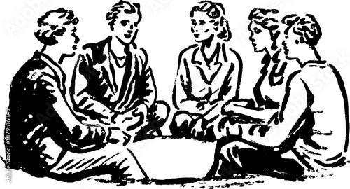 Group of people engaged in conversation, illustrated in a vintage style. This black and white vector illustration focuses on social interaction.