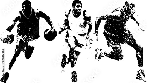Basketball players in action, skillfully dribbling on the court. A dynamic vector illustration showcasing sports energy in monochrome.