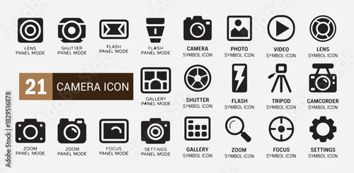 21 camera icon set with lens shutter flash gallery tripod camcorder zoom focus settings