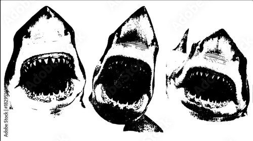Shark engravings in black and white silhouette style. Vintage vector illustration of a ferocious marine creature with open jaws.