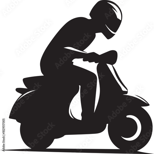 A black silhouette of a man with a helmet riding a motor scooter. The rider is bending forward. The vehicle casts a shadow.