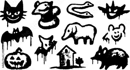 A set of black illustrations featuring various animals: cat, bat, elephant, and more. Unique vector illustration showcases a whimsical style.