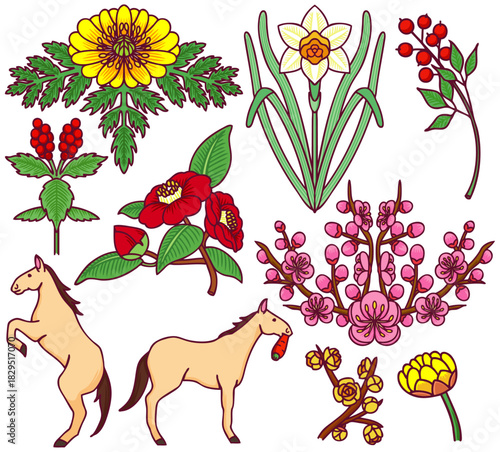 正月素材　年賀状　縁起物　１月の花　植物