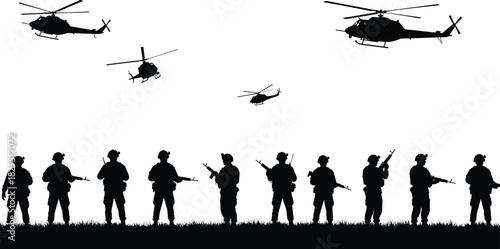 Vector Silhouette of Military Soldiers and Special Forces Personnel with Rifles, Supported by Multiple Combat Helicopters, Illustrating Tactical Ground Operations and Defense
