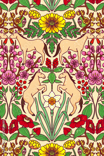 ２０２６　午　年賀状素材　はがきサイズ　ウィリアムモリス　正月の花　植物　福寿草