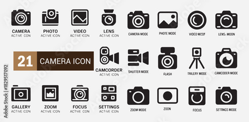 21 camera icons set with photo video lens camcorder shutter flash gallery zoom focus settings