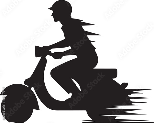A silhouette of a man with a helmet riding his motor scooter is captured in this dynamic vector graphic.