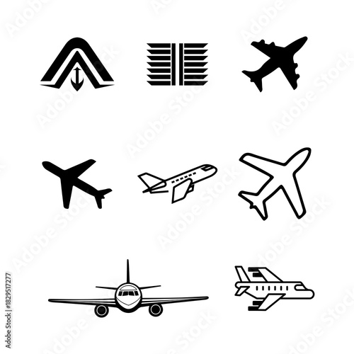 Collection of black and white airplane icons and symbols