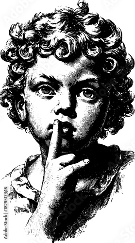 Child silhouette in vintage engraving style. Black and white vector illustration showcasing a shushing expression and classic artwork.