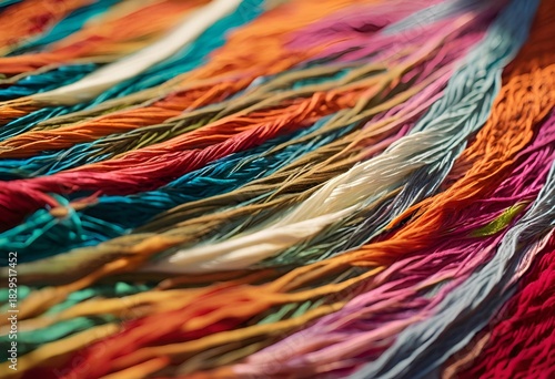 Colorful Threads close-up, diagonal view of vibrant, textured, and intertwining colorful yarn strands. 