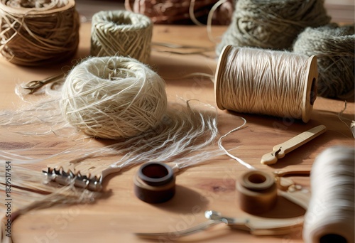 Craft Supplies overhead view of natural yarn, spools, weaving tools, and fibers laid out on a wooden table. 