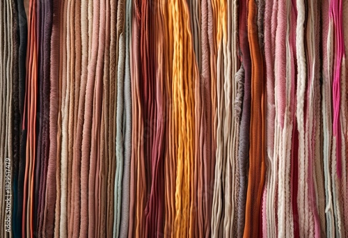 Fiber Curtain beautiful, abstract background of numerous vertical, flowing textile and yarn strands in various colors and textures. 
