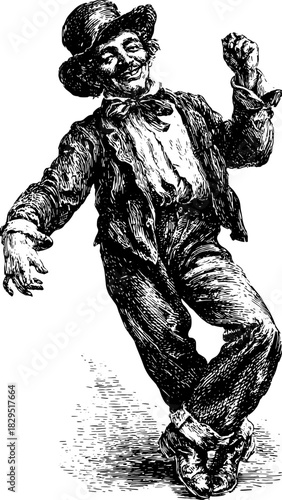 Clown dancer silhouette in vintage engraving style. A joyful, well-dressed character performing, featured in a hand-drawn vector illustration.
