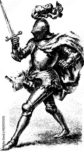 Knight in vintage armor holding a sword. Detailed silhouette vector illustration of a medieval warrior in action, perfect for classic use.