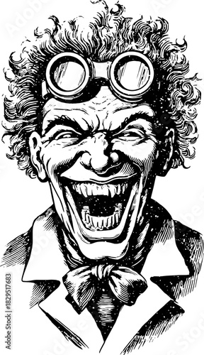 Vibrant clown illustration featuring a bold smile and wild hair. A vintage character set with goggles, perfect for theatrical themes in vector art.