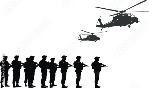 Vector Silhouette of Military Soldiers Standing in Formation with Rifles, Accompanied by Two Flying Helicopters, Illustrating Defense, Security, and Armed Forces
