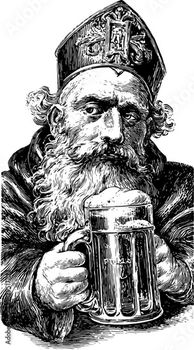 Man holding a beer mug in an antique engraving style. Detailed black outline drawing for a vintage vector illustration set.