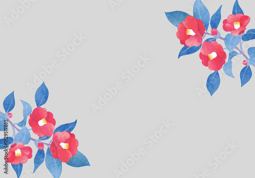 手描き水彩風　椿のフレーム