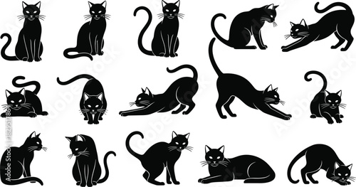 Black cat silhouette collection showing various poses, stretching, sitting, walking, playing, lying down, detailed feline illustration set for design use