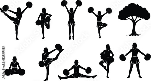 Cheerleader silhouette poses with pom poms, energetic dance movements, athletic cheerleading girls performing routines, fitness activity illustration, black vector design