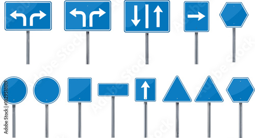 Collection of blue road signs with various arrow directions, blank traffic sign shapes, transportation symbols, highway guidance elements for navigation illustration