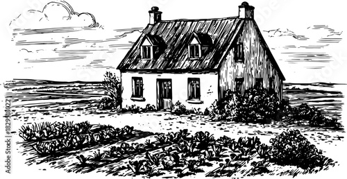 Vintage house illustration in black and white outline. Detailed engraving of a rural building with a garden in vector format.