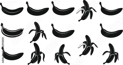 Collection of banana silhouettes featuring whole and peeled fruit, vector illustration set for food design, graphic elements, tropical fruit artwork