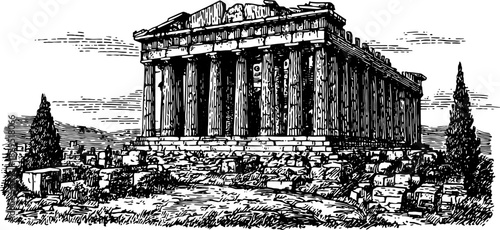 Vintage black and white illustration of a historic temple. Detailed line drawing showcasing classic architecture in a scenic landscape. Vector artwork.