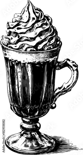 Vintage ice cream sundae in a black and white outline style. This detailed vector illustration showcases a classic dessert in a decorative cup.